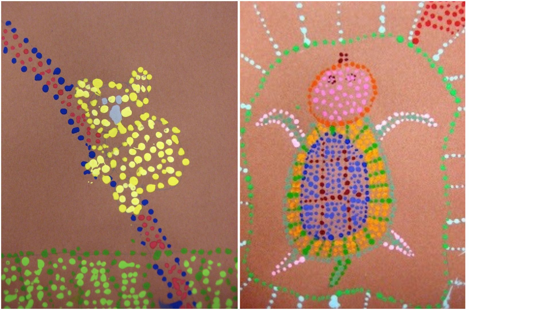 Two dot paintings on brown paper, one of a koala and one of a turtle.