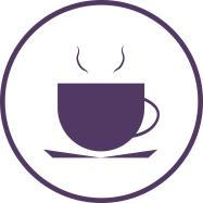 Icon of a steaming cup on top of a saucer inside a circle frame representing 'Tuscan Kitchen, Chef’s Table & Bistro' in the Memory Care amenities section