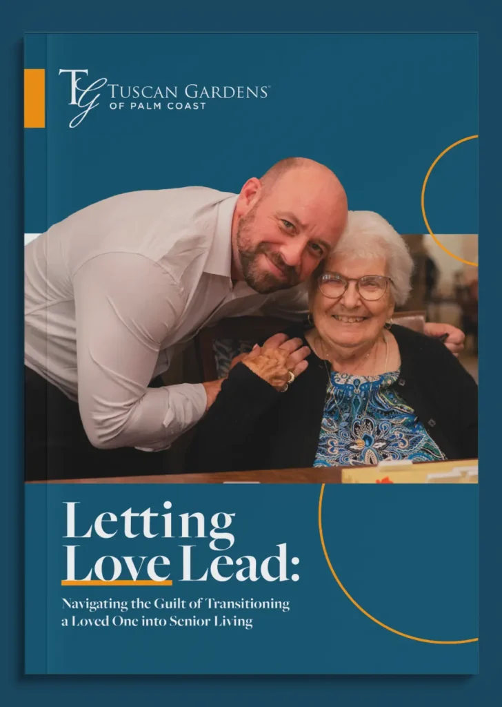 Letting Love Lead' ebook download section featuring a guide on transitioning a loved one into senior living, with a cover image of a smiling community resident woman and a man leaning in affectionately